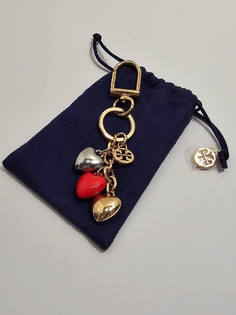 Tory Burch Mixed Hearts Bag Charm & Keychain Gold, Silver, Red Enamel & Dust Bag